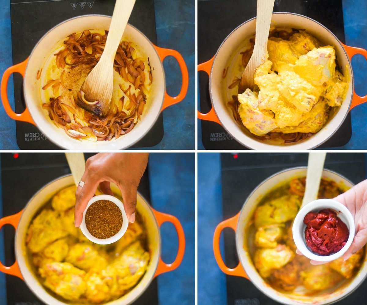 image collage showing lamb cooking in a dutch oven