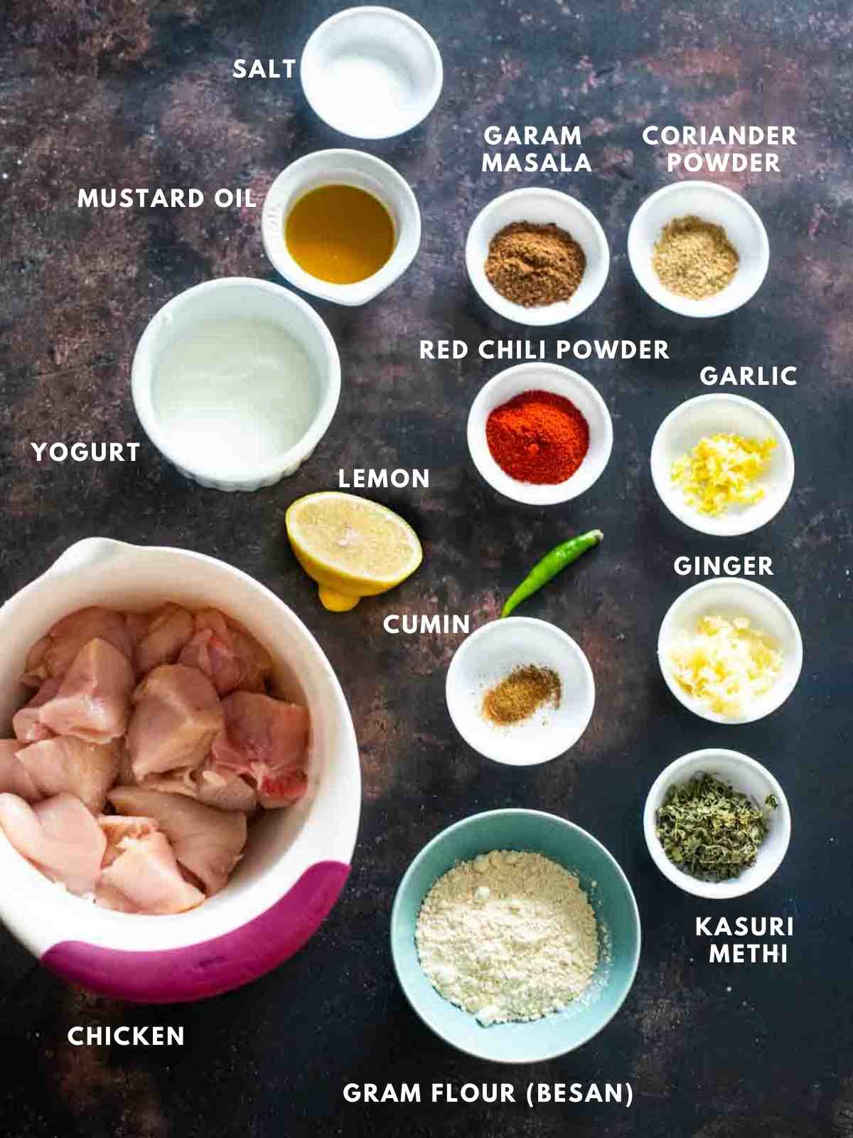 all ingredients for making tandoori chicken tikka