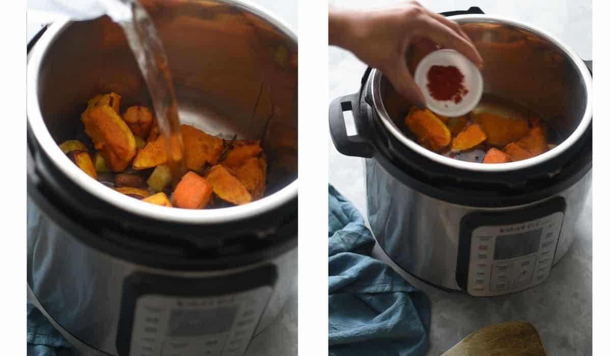 collage showing air fryer with veggies