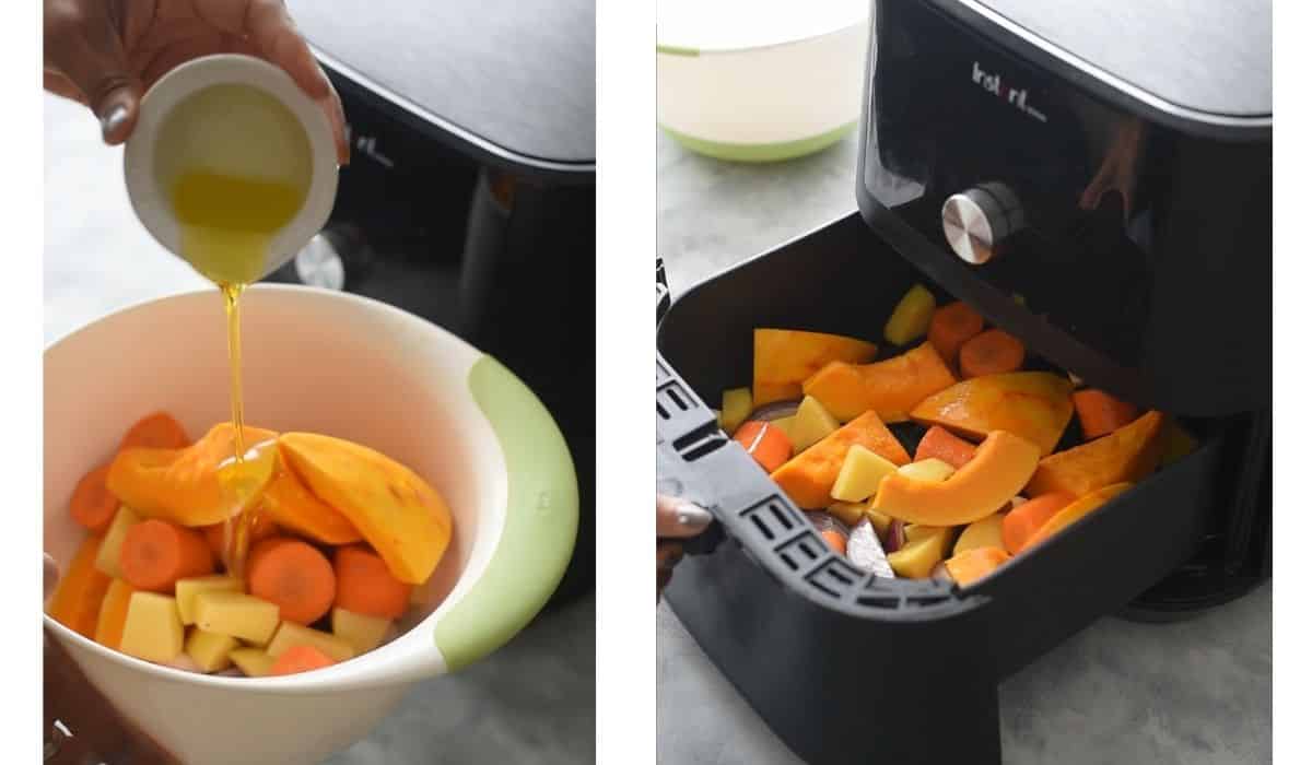 images of veggies in air fryer to be roasted