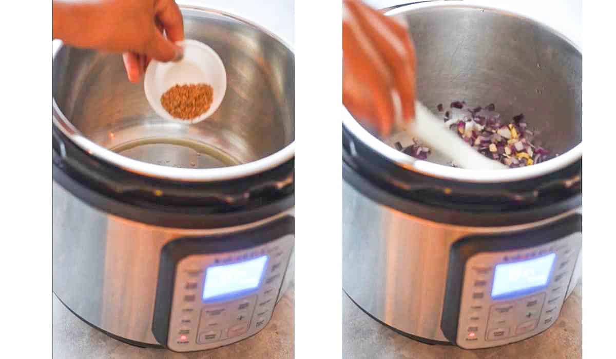 collage of images showing dal being made in instant pot 