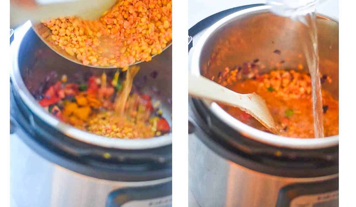 collage of steps for adding lentils in instant pot 