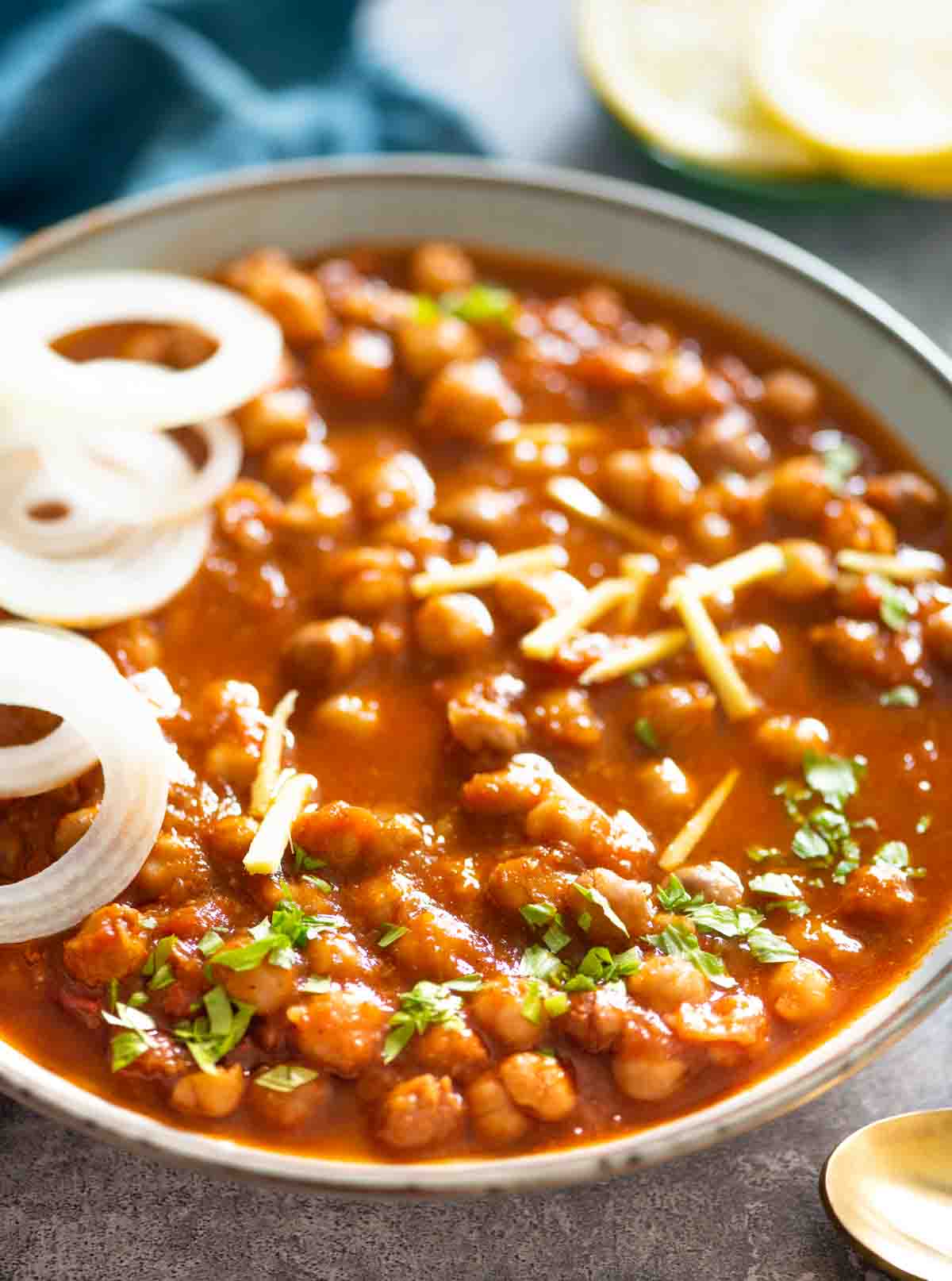close up of bowl of chickpea curry
