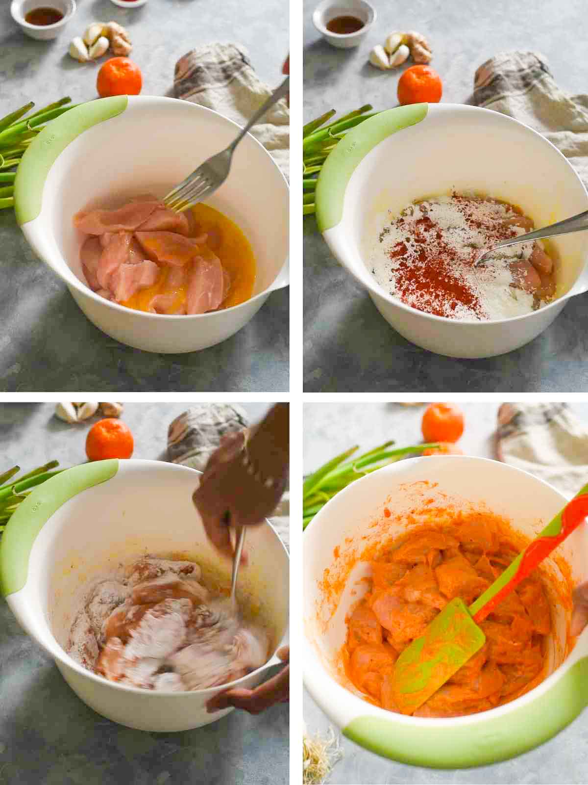 collage of images showing steps for making orange chicken