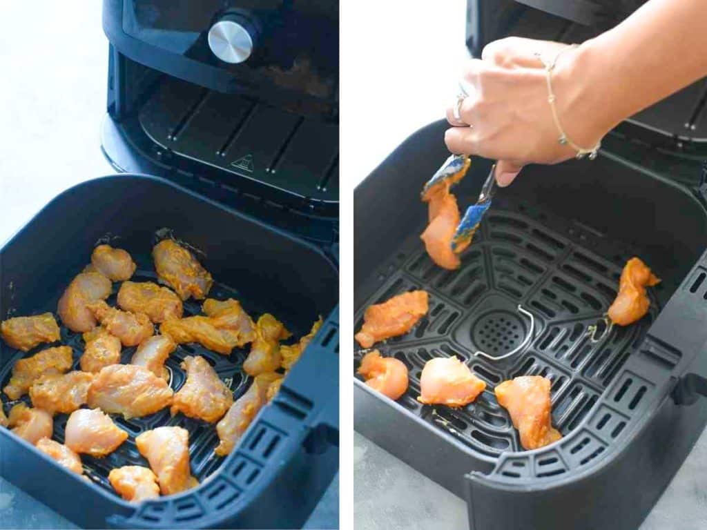 placing battered chicken in air fryer basket