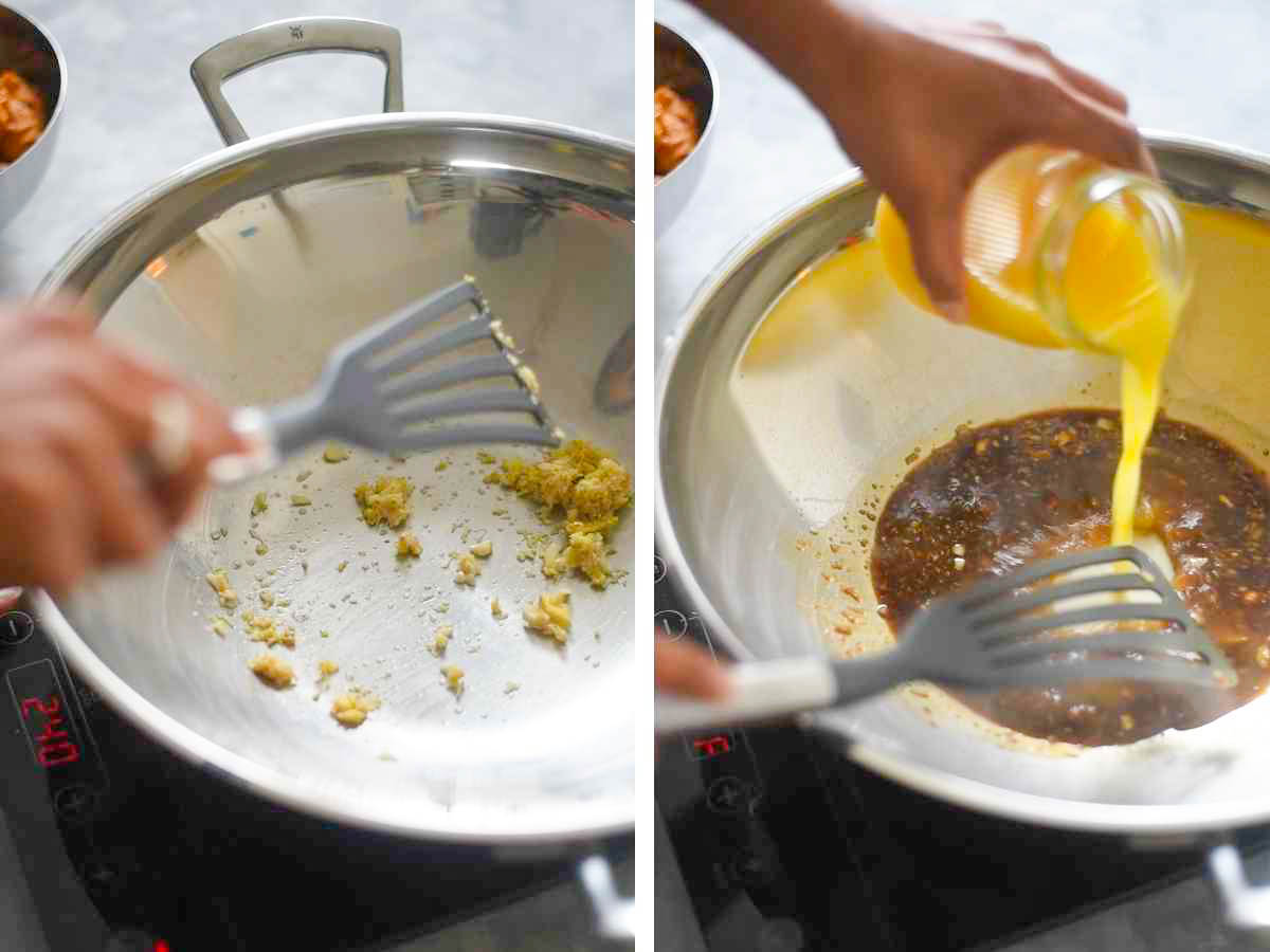 collage showing the making of orange sauce in a wok