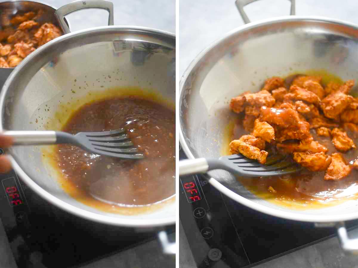 collage showing crispy chicken tossed in orange sauce