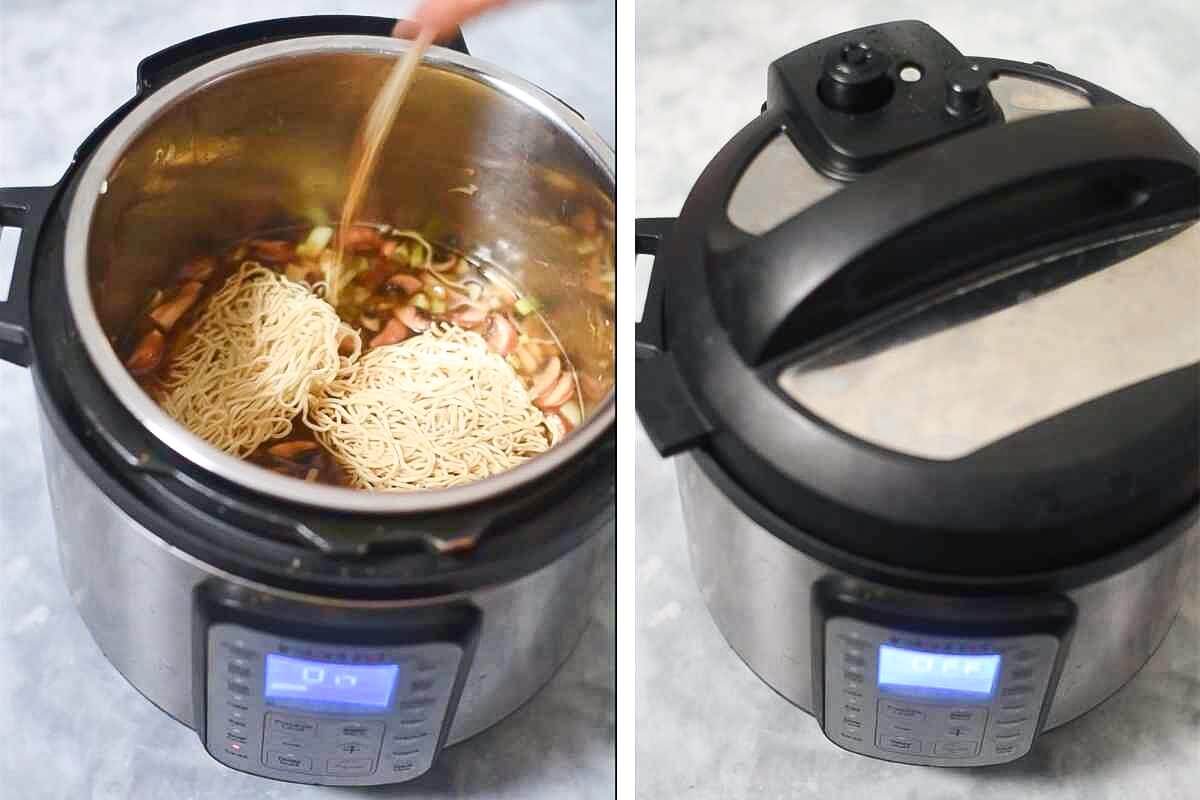 collage of images showing instant pot ramen being made
