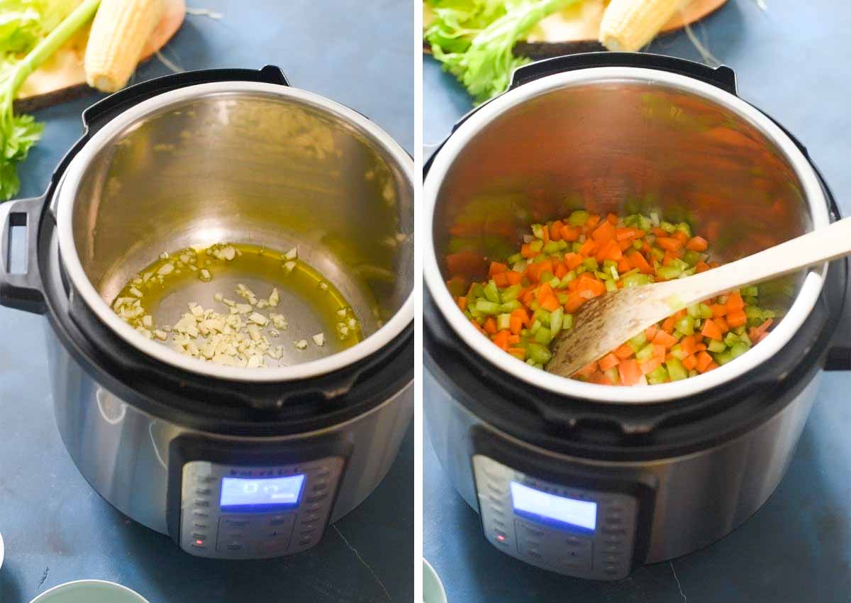 collage of images showing instant pot soup cooking with veggies