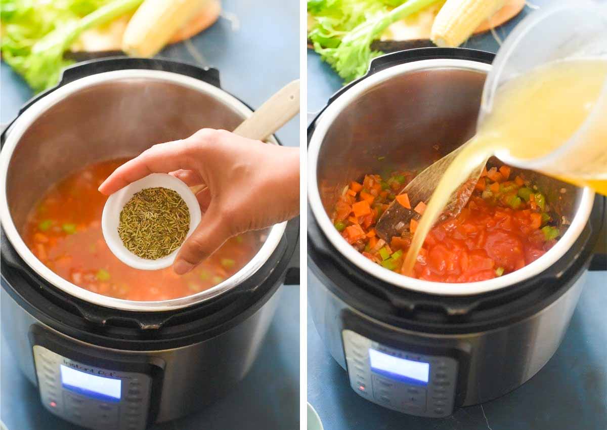 collage of images showing spices and broth added to instant pot soup