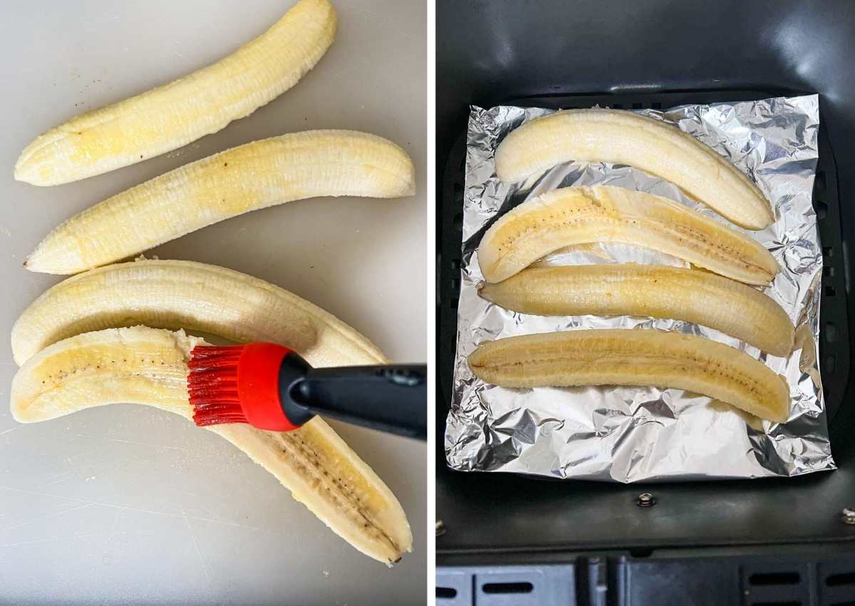 bananas brushed with butter and placed in air fryer basket