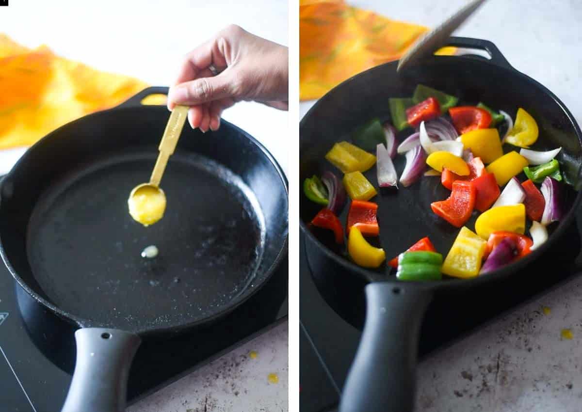 collage of bell peppers and onions roasting in a pan