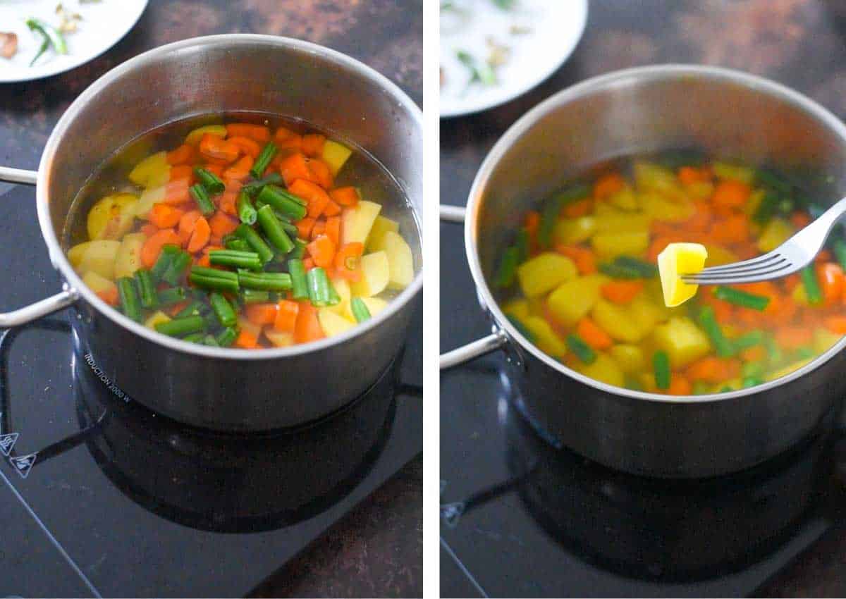 collage of images with cooked semi-vegetables in a pot