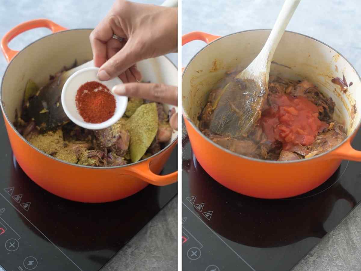 2 images of spices and tomatoes added to meat curry