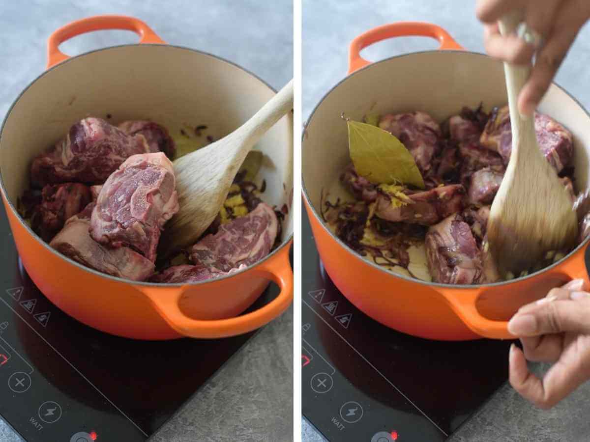 meat searing in dutch oven with spices