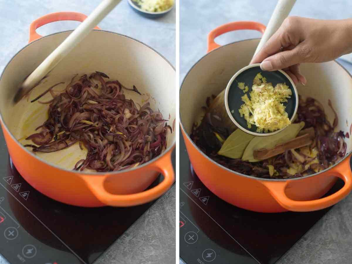 gingergarlic and onions cooking in dutch oven