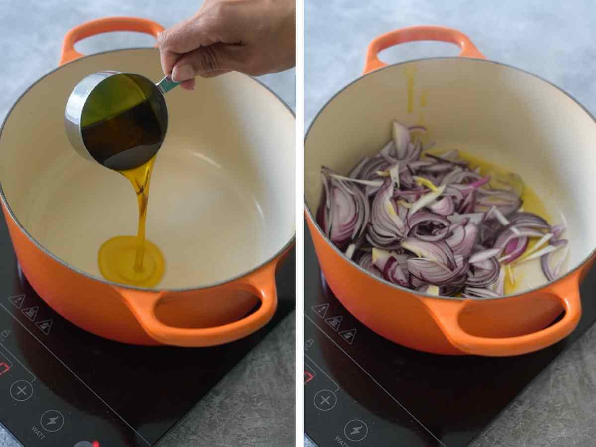 onions cooking in mustard oil in dutch oven