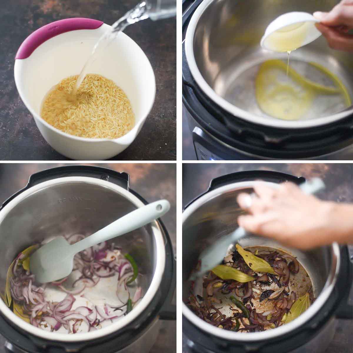 collage of images showing onions and spices cooked in instant pot