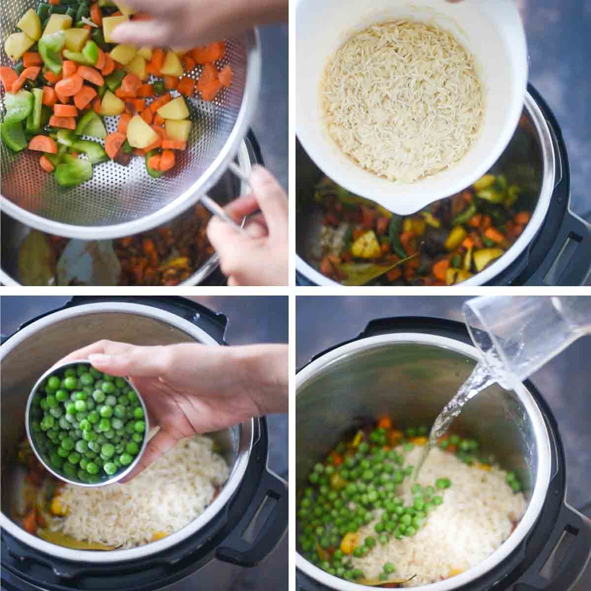 collage of images showing rice and veggies in instant pot