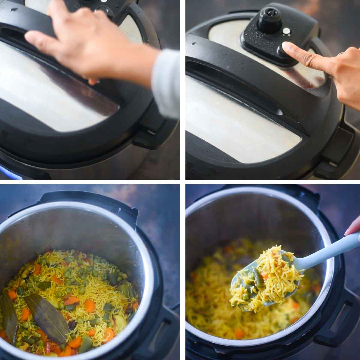 collage of images showing instant pot cooking rice