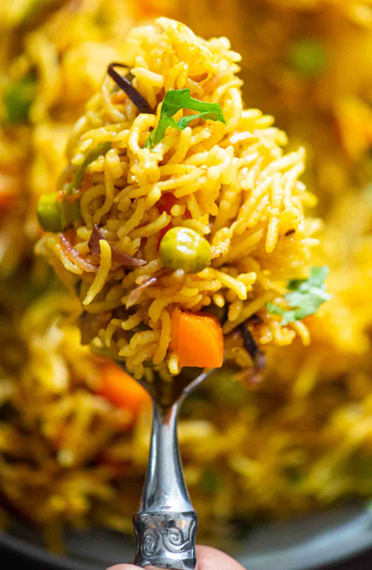 vegetable pulao served on a spoon