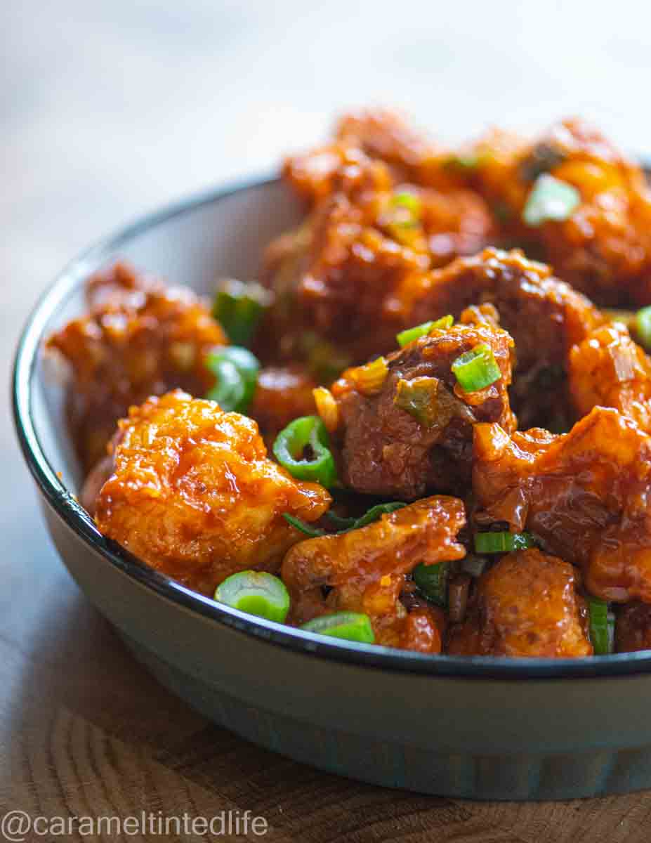 side view of gobi manchurian served in a bowl